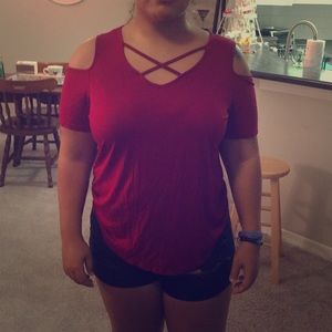 Red open shoulder shirt sleeve
